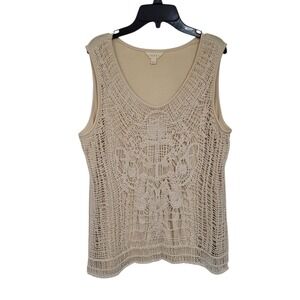 Adiva Womens Crochet Lace Front Tank Top Beige Scoop Neck Large